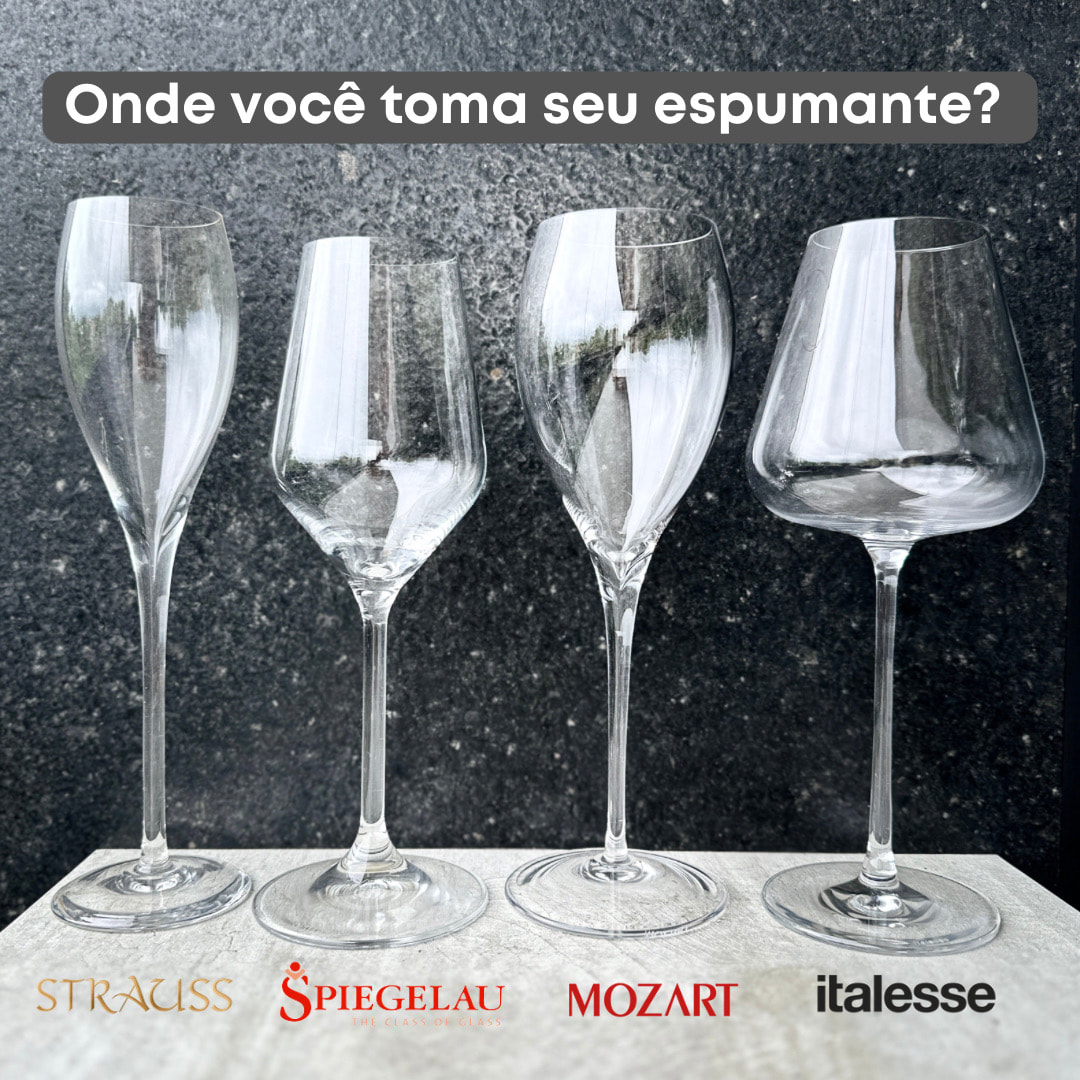Imagem de capa: Você sabia que uma das primeiras taças de espumantes teve como molde um seio? Vamos mostrar a evolução das taças e os modelos mais utilizados hoje.